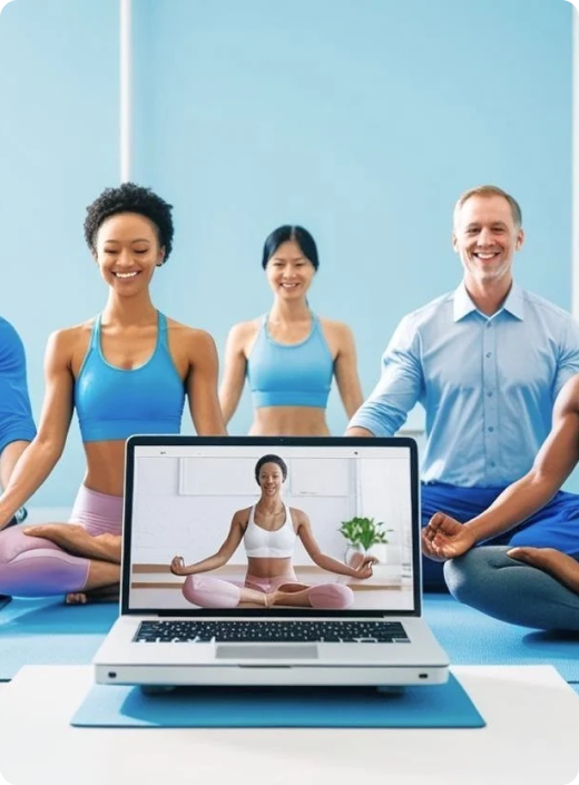 People practicing mindfulness online with an instructor, promoting wellness and well-being