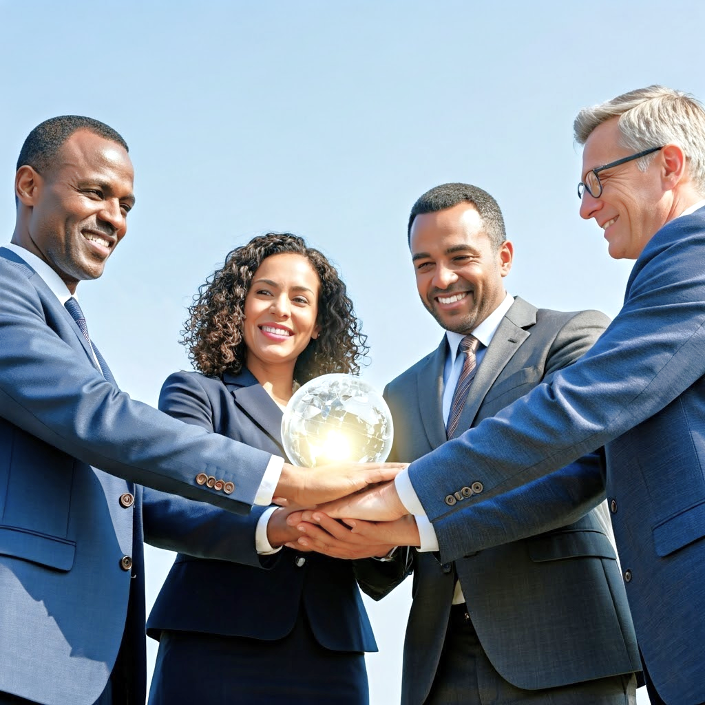 Professionals holding a glowing world, symbolizing global connection, partnership, empowerment, and well-being in mindfulness and business